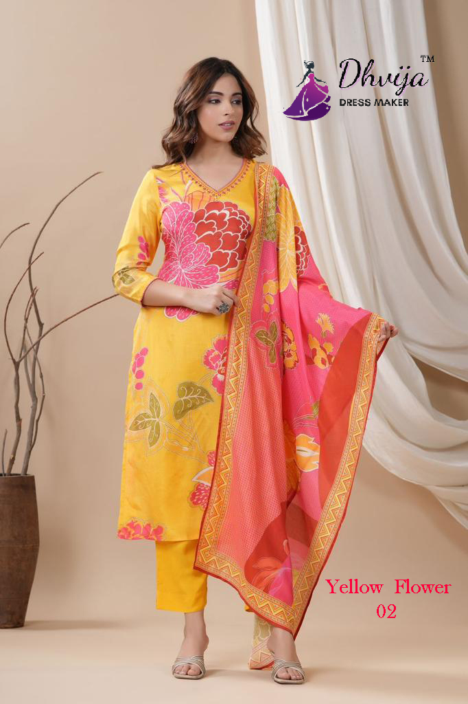 Kurtis Pair - Mul Cotton Kurti & Pant Set With Georgette Dupatta | 3-piece Designer Set Available In M, L, Xl, Xxl Sizes, Elegant Yellow Flower Design