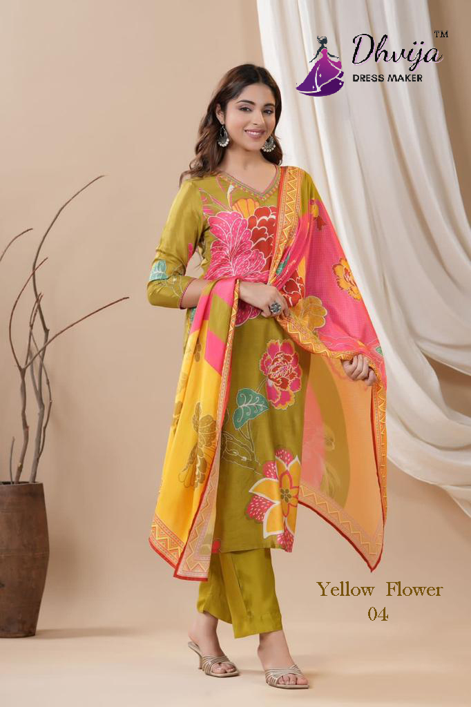 Kurtis Pair - Mul Cotton Kurti & Pant Set With Georgette Dupatta | 3-piece Designer Set Available In M, L, Xl, Xxl Sizes, Elegant Yellow Flower Design