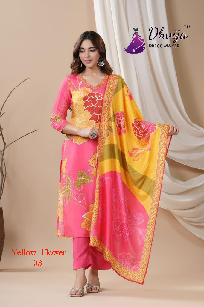 Kurtis Pair - Mul Cotton Kurti & Pant Set With Georgette Dupatta | 3-piece Designer Set Available In M, L, Xl, Xxl Sizes, Elegant Yellow Flower Design