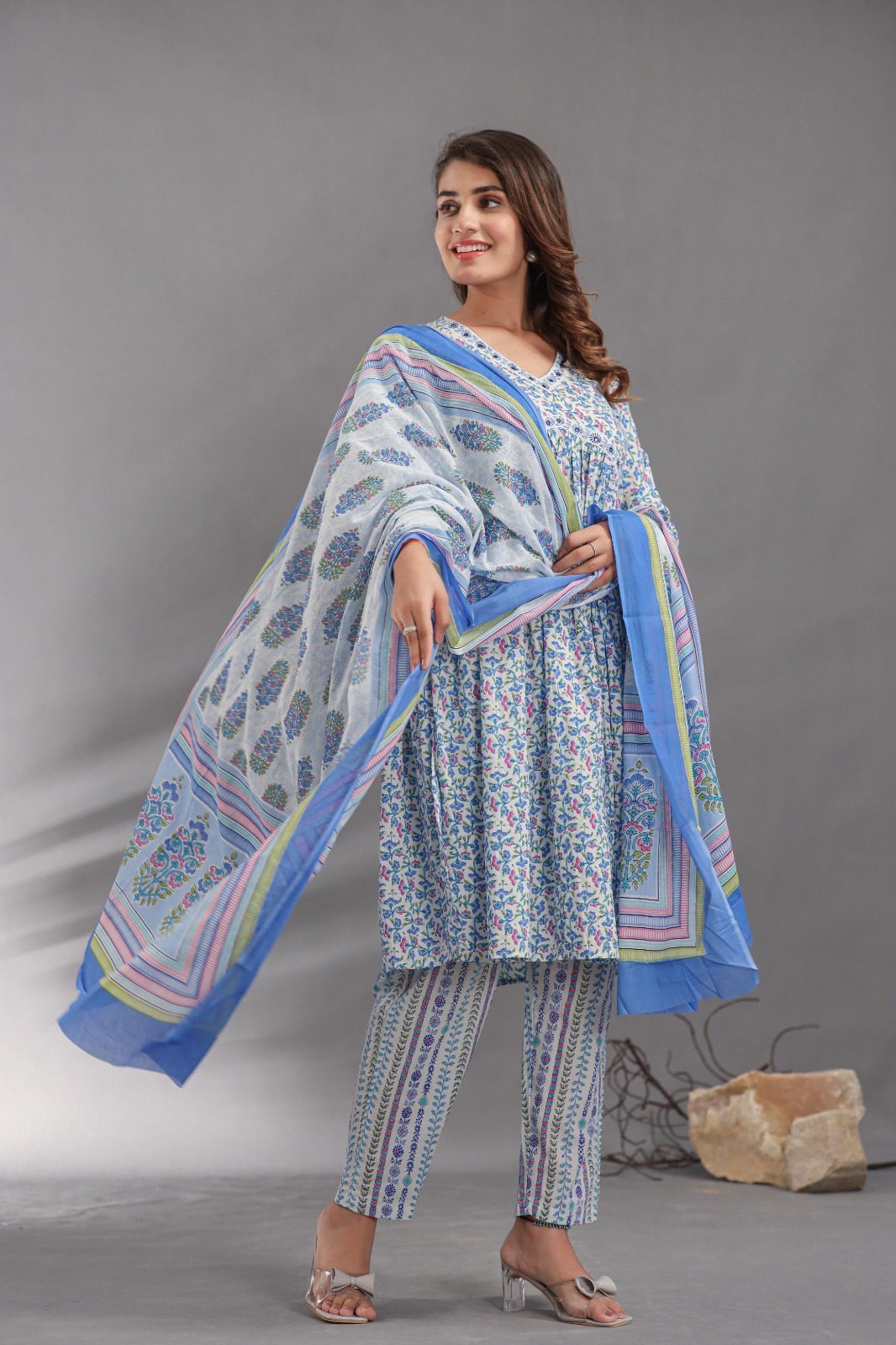 Blue Alia Cut Kurti Pant Set With Dupatta