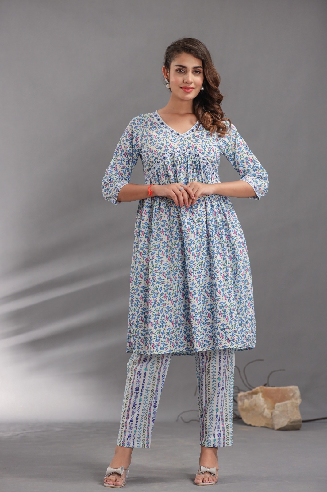 Blue Alia Cut Kurti Pant Set With Dupatta