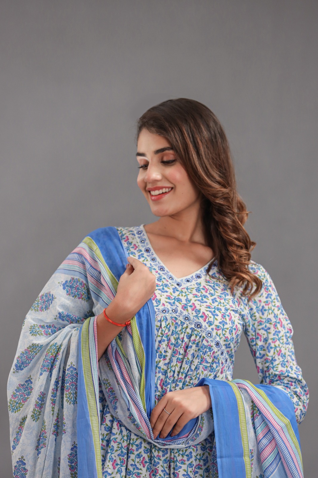 Blue Alia Cut Kurti Pant Set With Dupatta