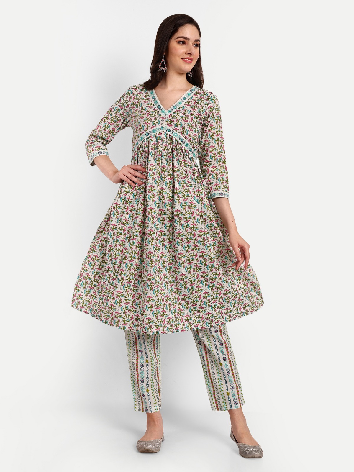 Green Alia Cut Kurti Pant Set With Dupatta - Decoration Material: Sequins