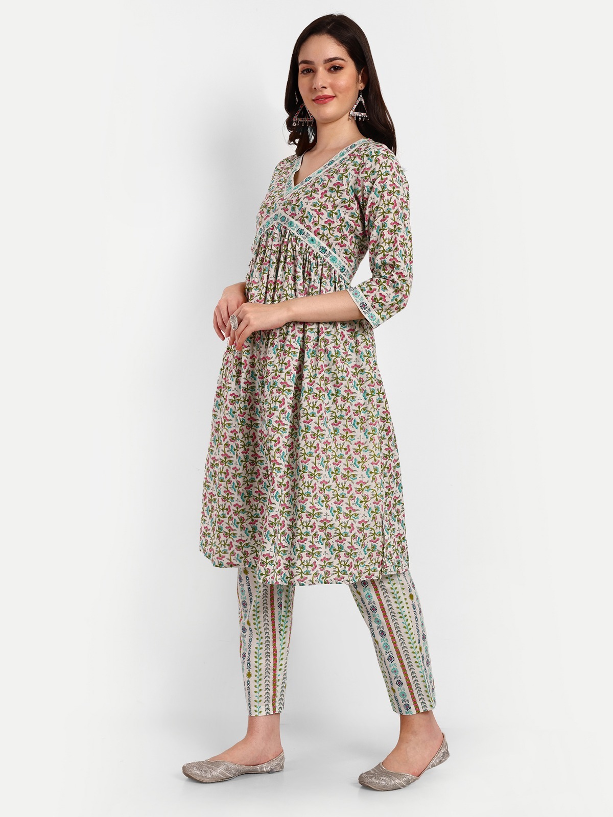 Green Alia Cut Kurti Pant Set With Dupatta - Decoration Material: Sequins