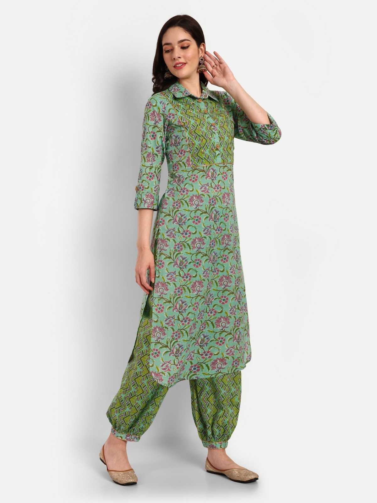 Green Kurti Afghani Pant Set With Dupatta