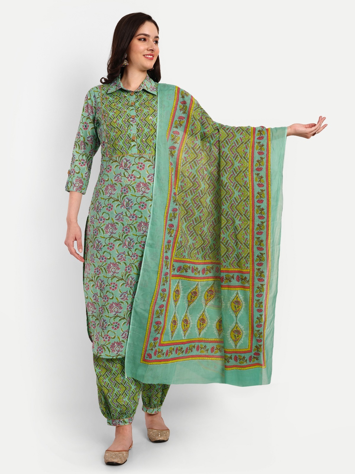 Green Kurti Afghani Pant Set With Dupatta