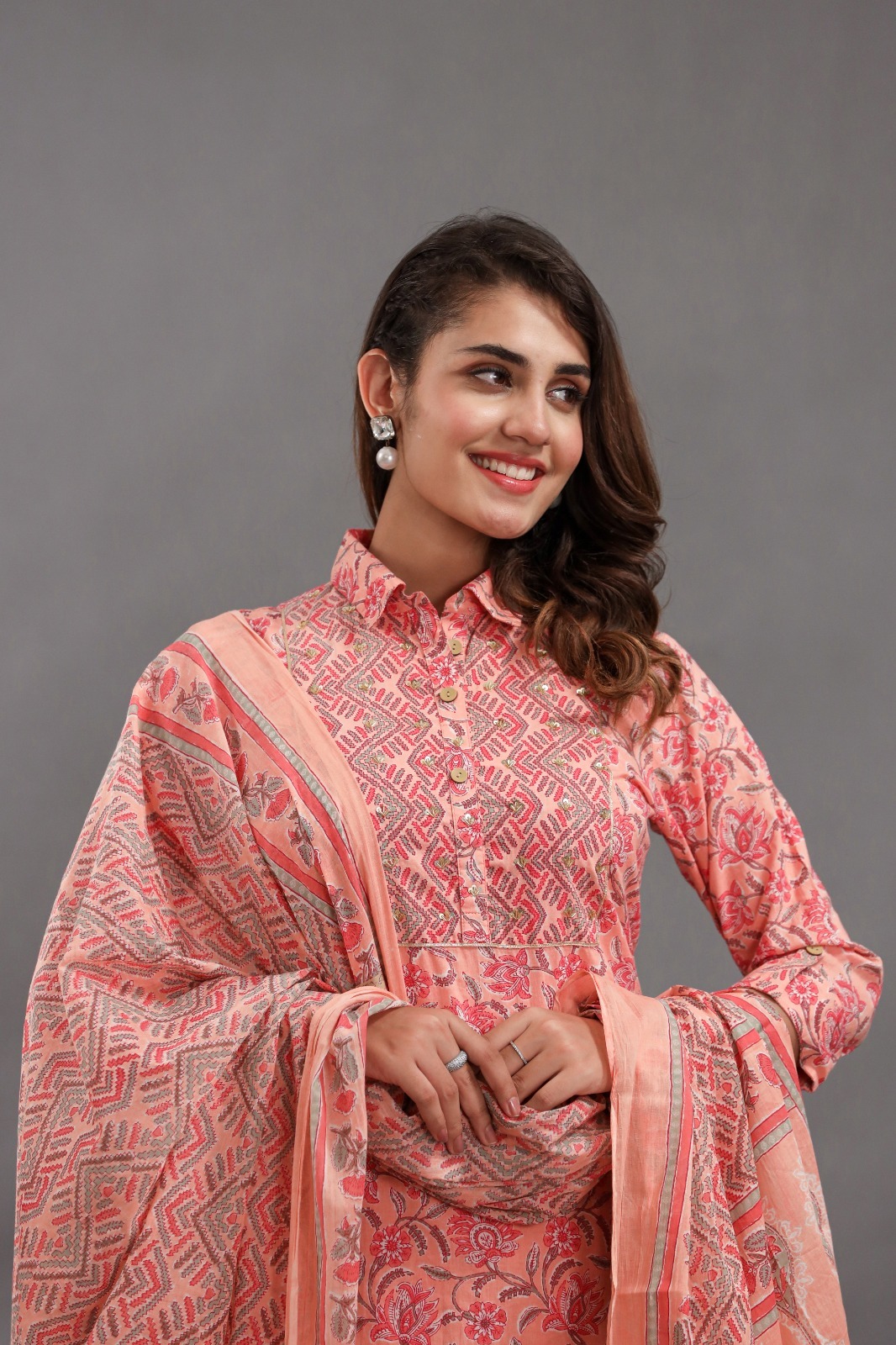 Kurti Afghani Pant Set With Dupatta - Color: Peach