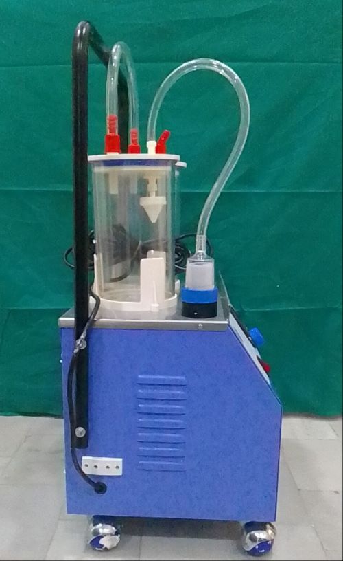 Medevac Suction Machine - Mid Steel Powder Coated Housing, 2.0 Liters Glass Jars With Mechanical Overflow, Blue & White Color Code | Noiseless Rotary Vane Pump, Reusable Bacterial Filter, Non-collapsible Tubing