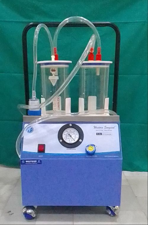 Medevac Suction Machine - Mid Steel Powder Coated Housing, 2.0 Liters Glass Jars With Mechanical Overflow, Blue & White Color Code | Noiseless Rotary Vane Pump, Reusable Bacterial Filter, Non-collapsible Tubing