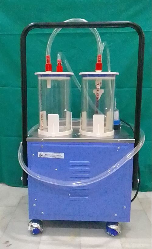 Medevac Suction Machine - Mid Steel Powder Coated Housing, 2.0 Liters Glass Jars With Mechanical Overflow, Blue & White Color Code | Noiseless Rotary Vane Pump, Reusable Bacterial Filter, Non-collapsible Tubing