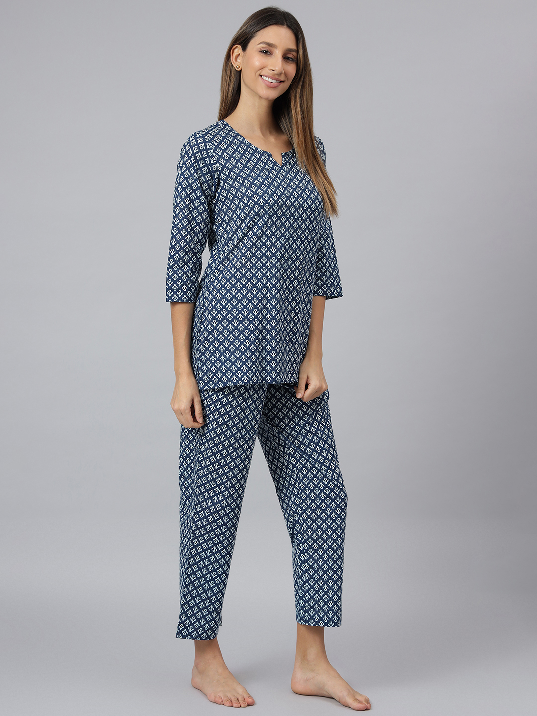 Fancy Night Suit - Cotton, Size S To Xxl, Blue, Full Sleeves, Printed Design | Comfortable Ethnic Night Wear Dress Kurta With Pant