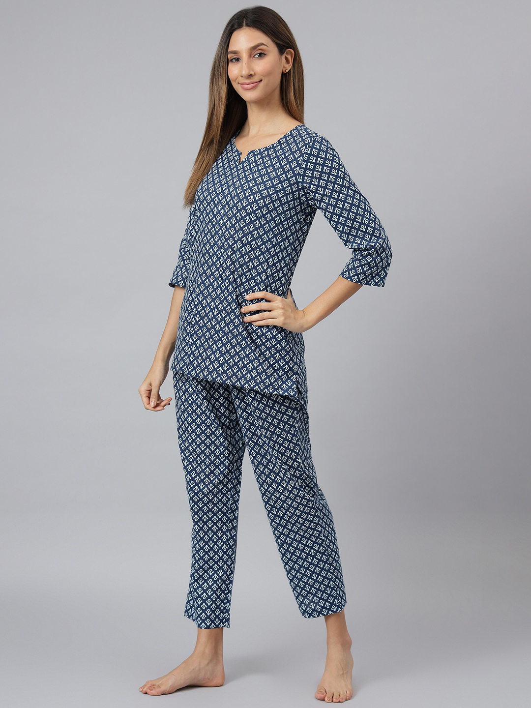 Fancy Night Suit - Cotton, Size S To Xxl, Blue, Full Sleeves, Printed Design | Comfortable Ethnic Night Wear Dress Kurta With Pant