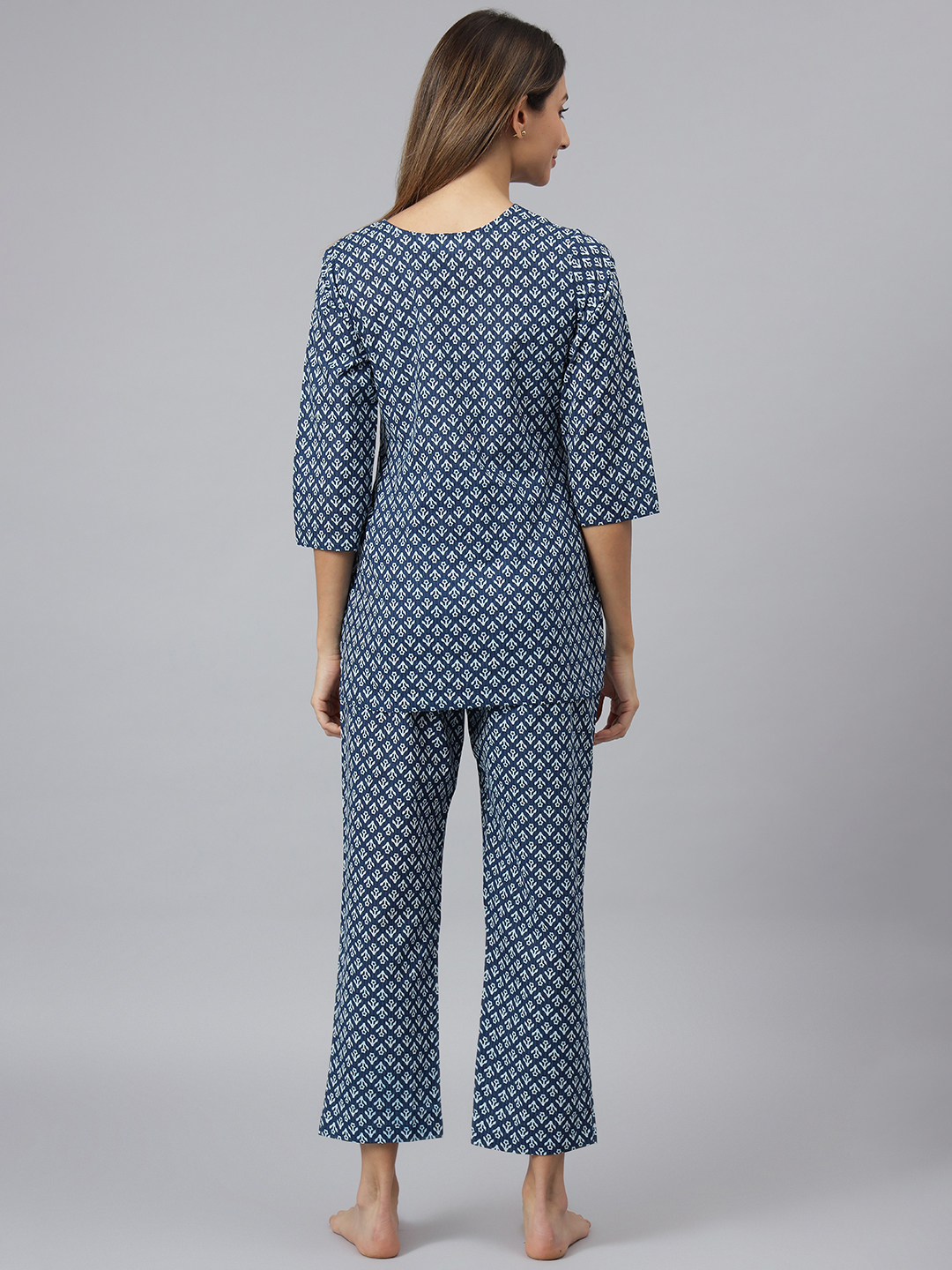 Fancy Night Suit - Cotton, Size S To Xxl, Blue, Full Sleeves, Printed Design | Comfortable Ethnic Night Wear Dress Kurta With Pant