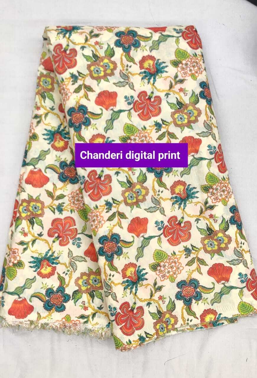 Chanderi Digital Print Fabric - Cotton Blend, 44 Inch Width | Multicolor Design, Smooth Texture For Suit And Kurti Dress Material