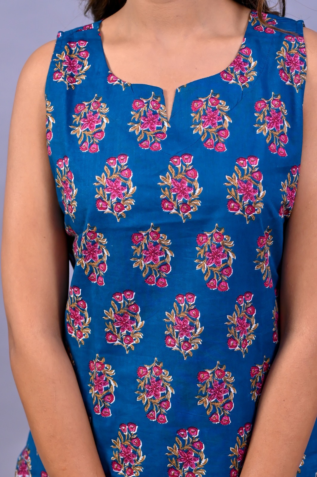 Blue Top Bottom Set - 100% Cotton, Sizes S-xl | Full Printed Design, Sleeveless, Elasticized Bottom, Perfect For Home And Lounge Wear
