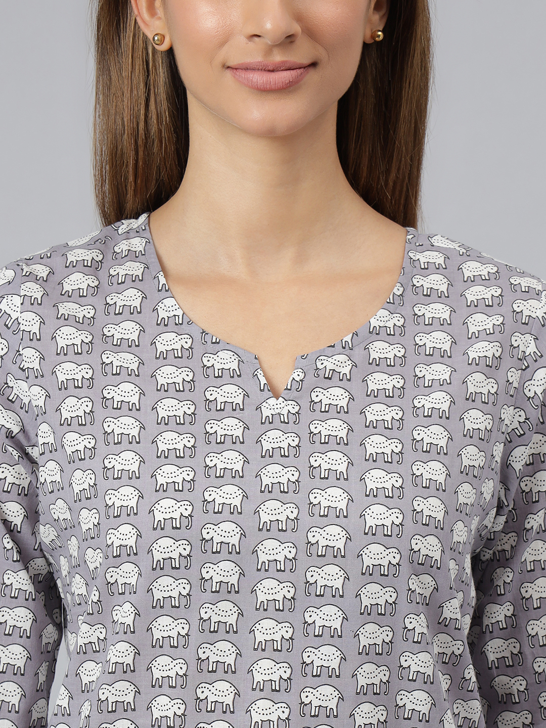 Women Night Suit - Printed Cotton V-neck Design Full Sleeves Grey Color Ethnic Pattern Sizes Xs To Xl