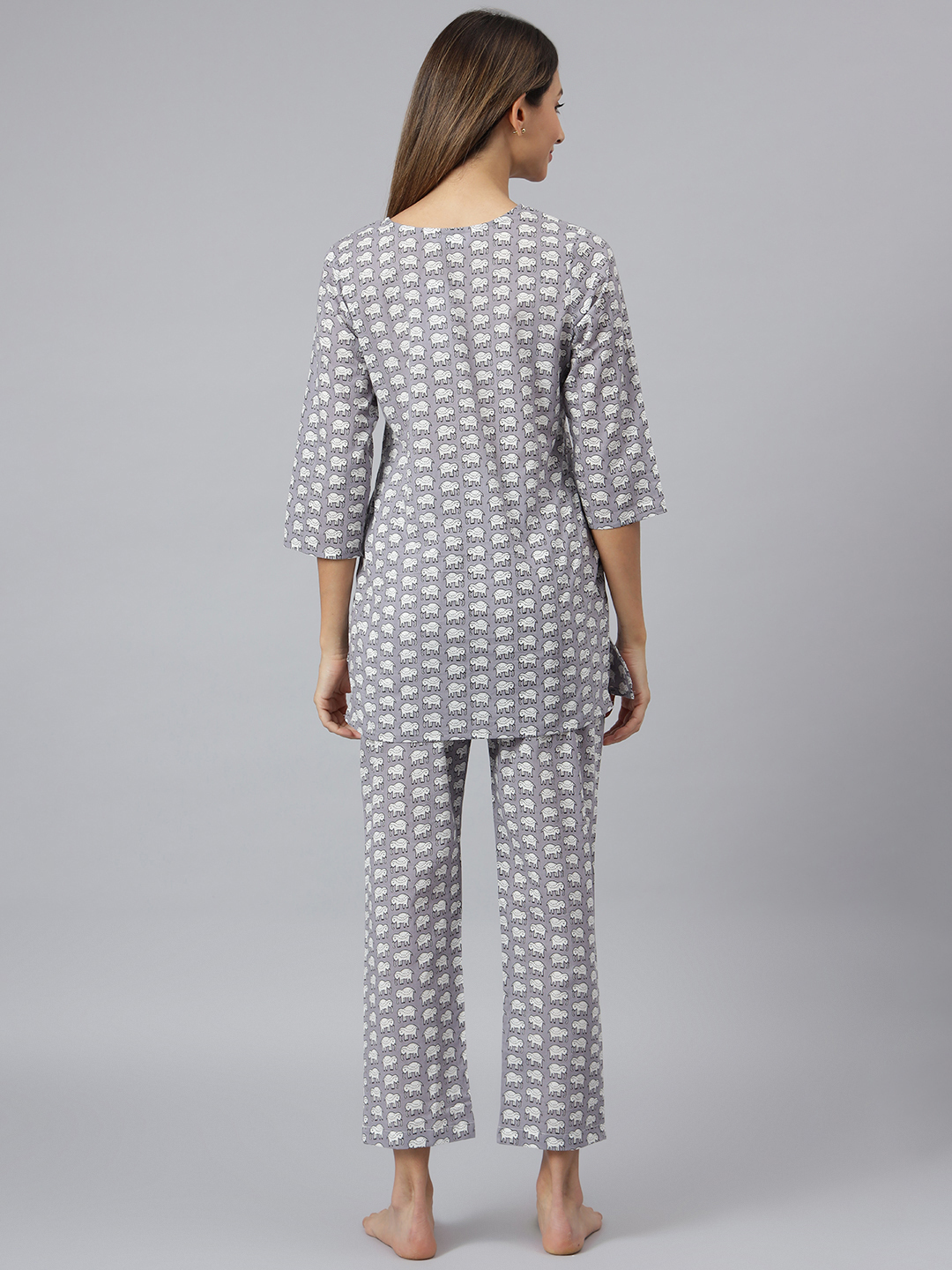 Women Night Suit - Printed Cotton V-neck Design Full Sleeves Grey Color Ethnic Pattern Sizes Xs To Xl