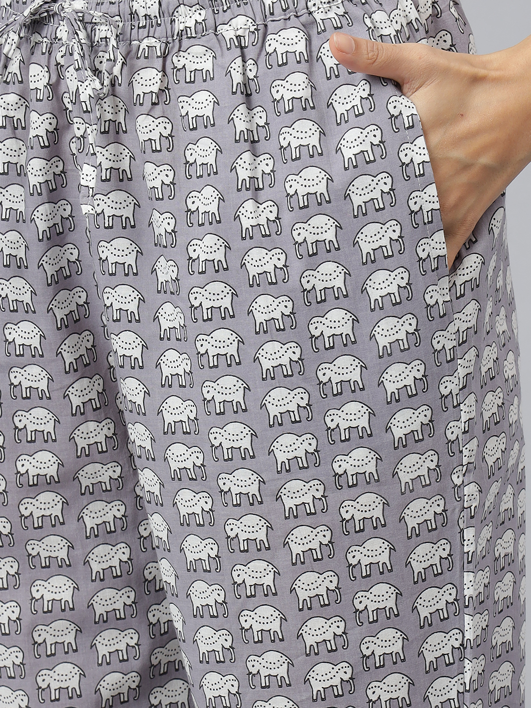 Women Night Suit - Printed Cotton V-neck Design Full Sleeves Grey Color Ethnic Pattern Sizes Xs To Xl