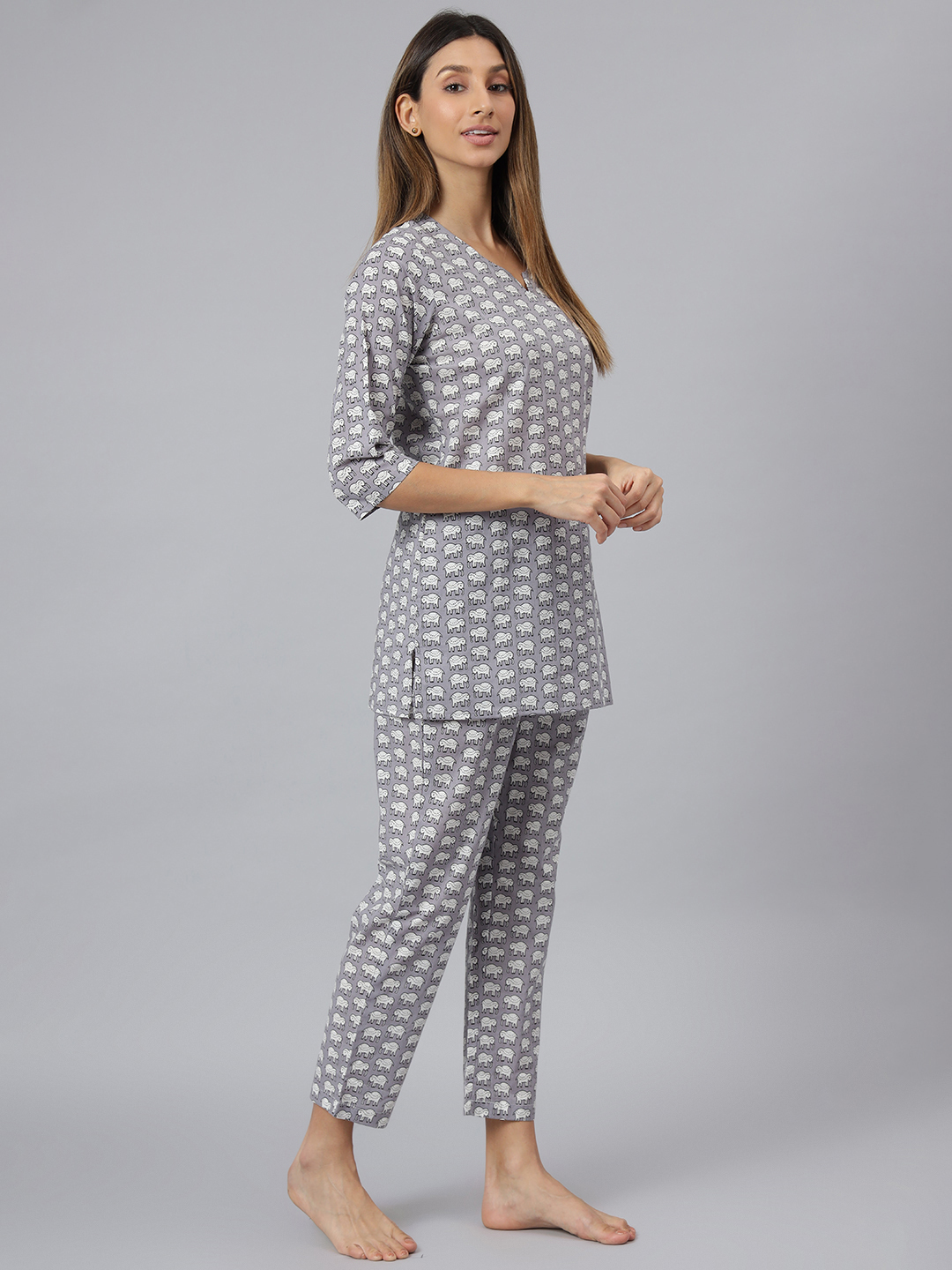Women Night Suit - Printed Cotton V-neck Design Full Sleeves Grey Color Ethnic Pattern Sizes Xs To Xl