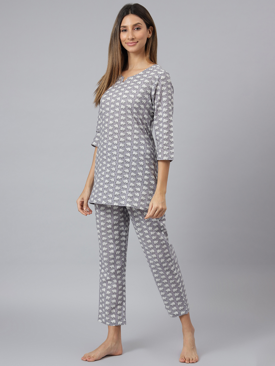 Women Night Suit - Printed Cotton V-neck Design Full Sleeves Grey Color Ethnic Pattern Sizes Xs To Xl