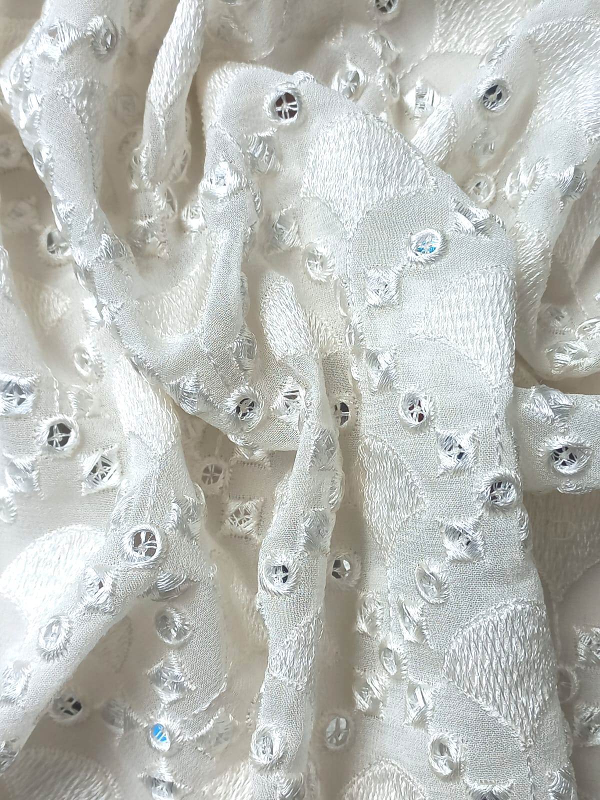 Wholesale Mirror Work Fabric Material Online White Dyeable Georgette Faux Mirror With Thread Embroidery(1.4 Meter Cut Piece )Fabricby Madhav Fashion
