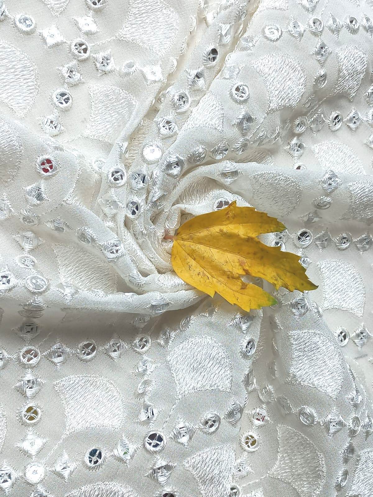 Wholesale Mirror Work Fabric Material Online White Dyeable Georgette Faux Mirror With Thread Embroidery(1.4 Meter Cut Piece )Fabricby Madhav Fashion