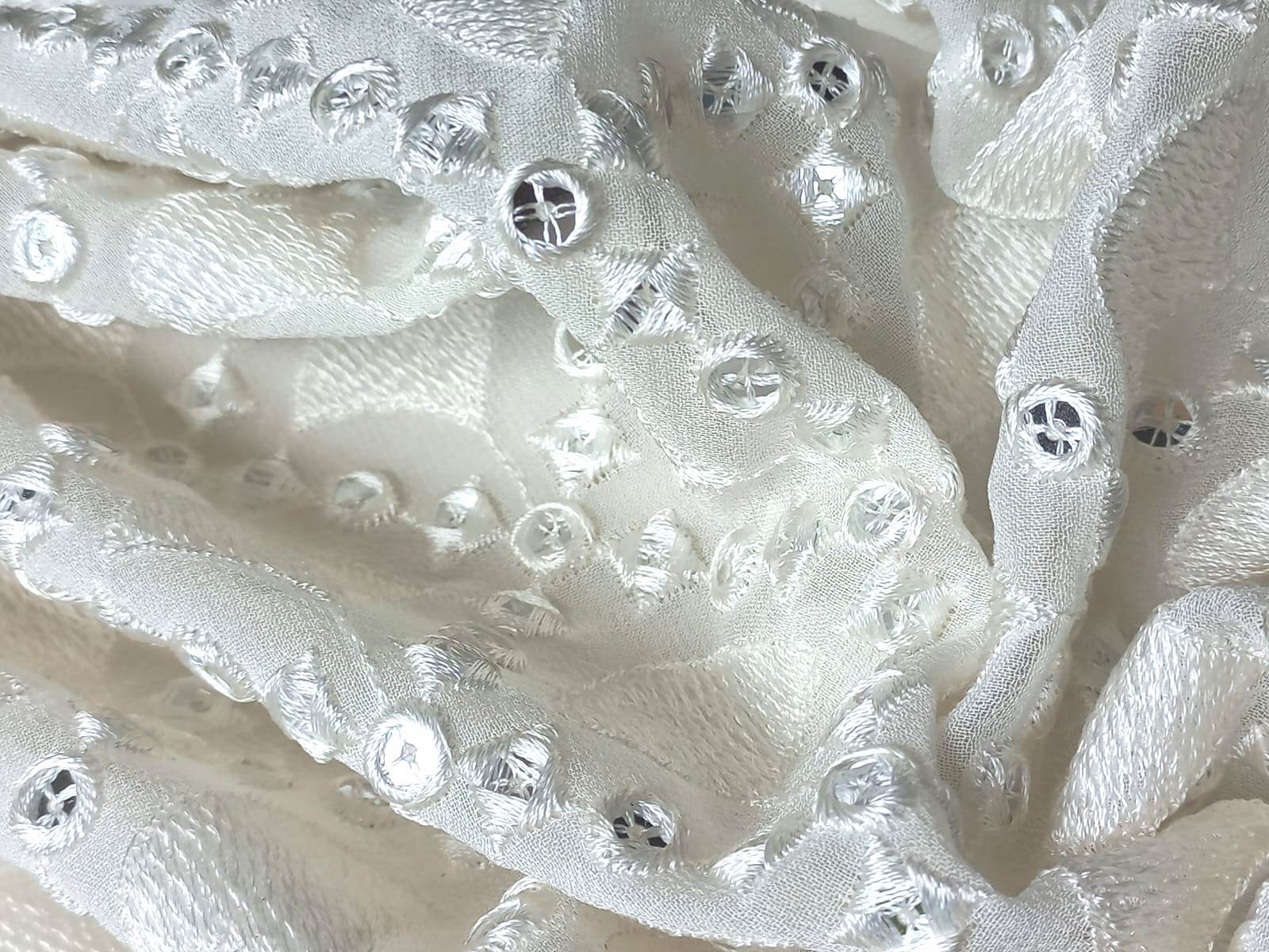 Wholesale Mirror Work Fabric Material Online White Dyeable Georgette Faux Mirror With Thread Embroidery(1.4 Meter Cut Piece )Fabricby Madhav Fashion