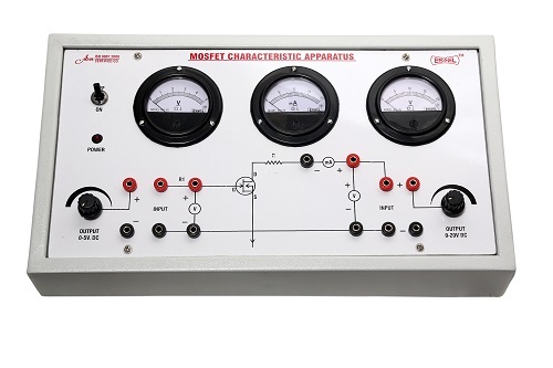 MOSFET CHARACTERISTICS APPARATUS - Dual DC Regulated Power Supplies 0-15 V DC/150mA & 0-5 V DC/150mA, Three Round Meters for Voltage & Current Measurement