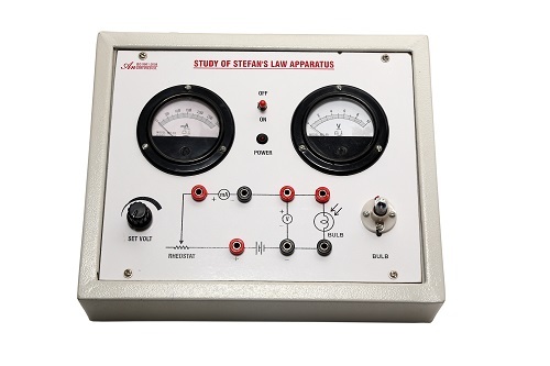 STEFAN'S CONSTANT CHARACTERISTICS APPARATUS - DC Supply 0-10V , Dual Round Meters for Voltage & Current Measurement with Printed Diagram