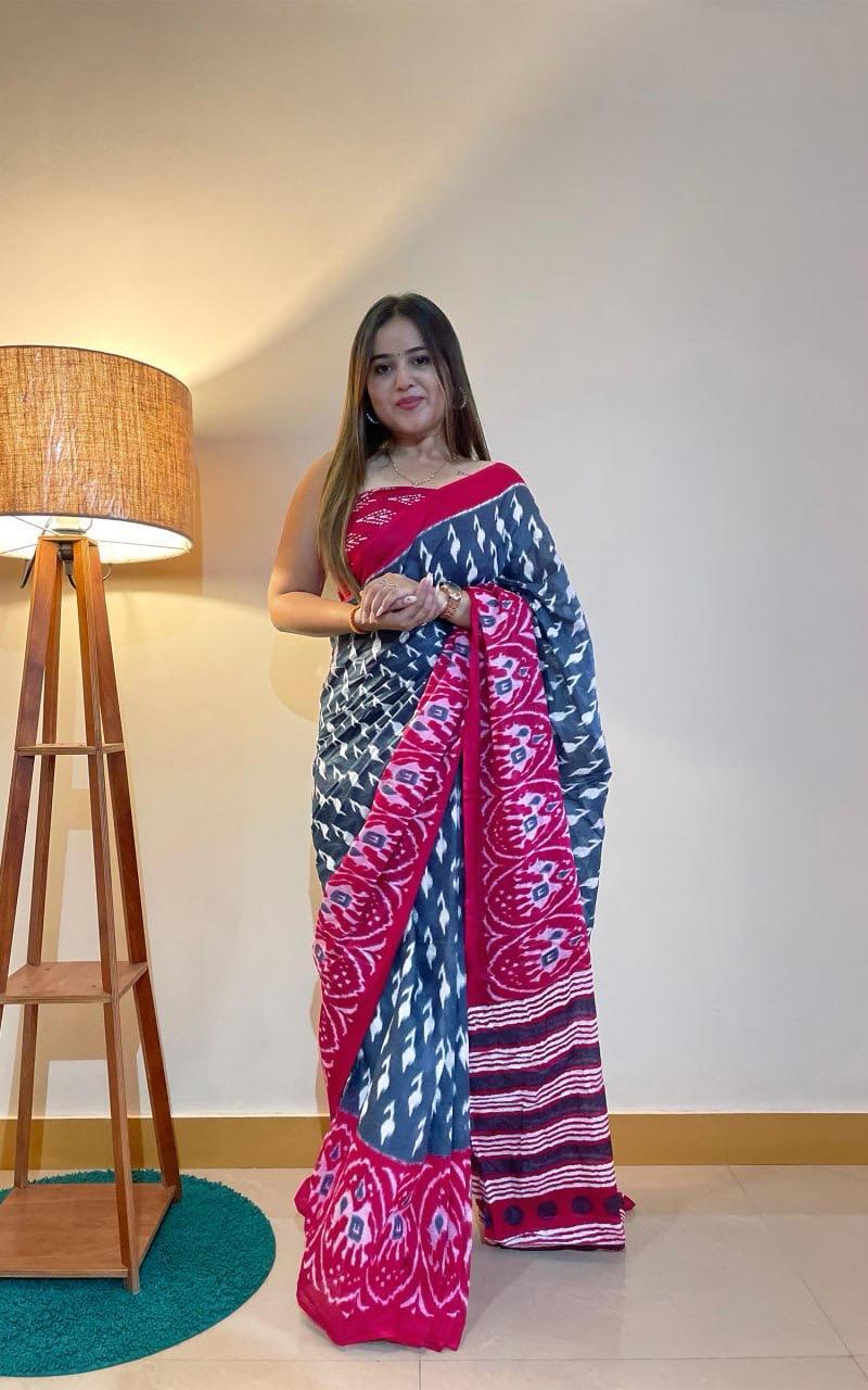 Soft Cotton Saree - Color: Red And Blue