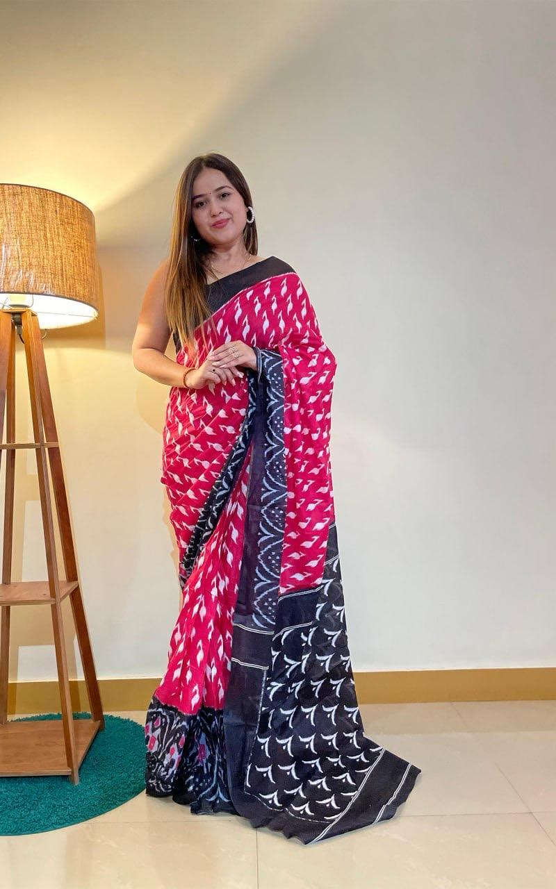 Soft Cotton Saree - Color: Red And Blue