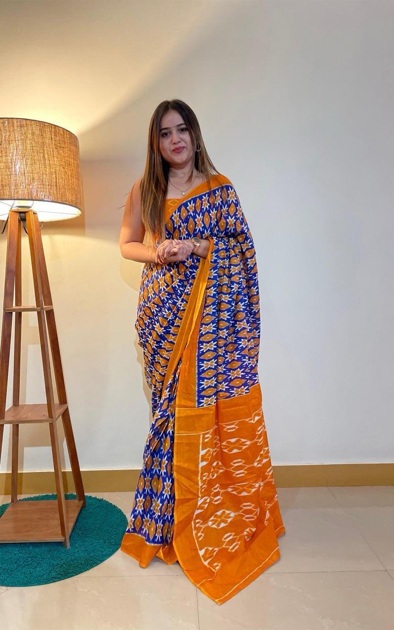 Soft Cotton Saree - Color: Red And Blue