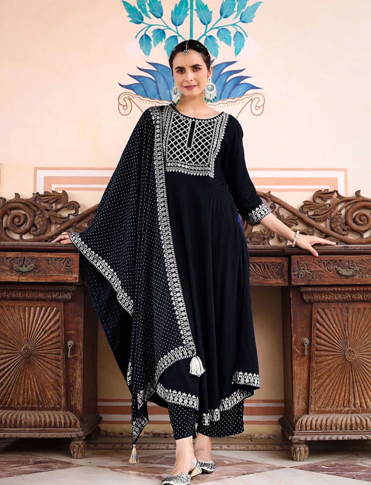 Heavy Rayon Kurti - 14kg Fabric, Full Length 48, 3/4 Sleeve, Universal Fit, Purple Color, Embroidered & Foil Work, Elegant Ethnic Wear For All Seasons