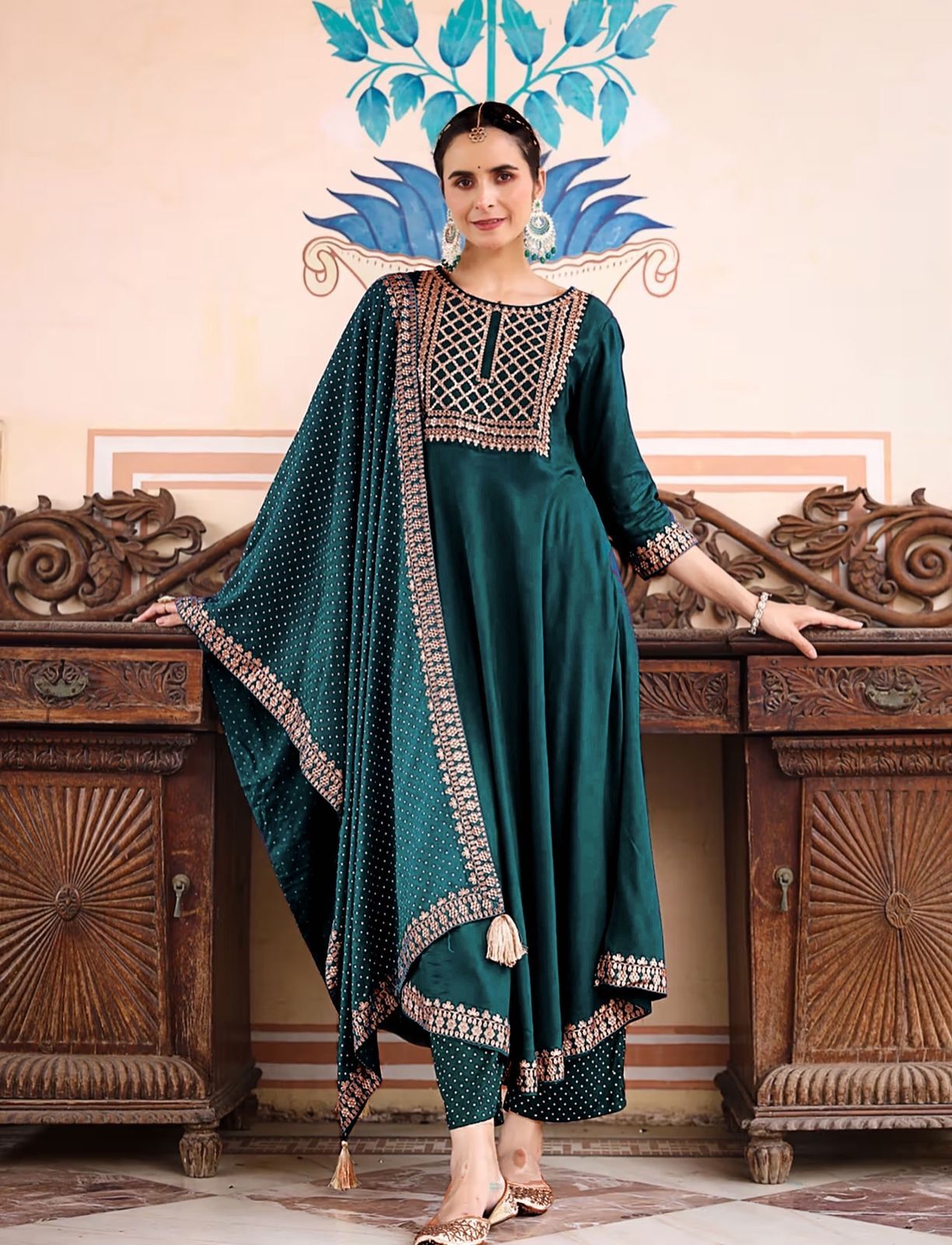 Heavy Rayon Kurti - 14kg Fabric, Full Length 48, 3/4 Sleeve, Universal Fit, Purple Color, Embroidered & Foil Work, Elegant Ethnic Wear For All Seasons