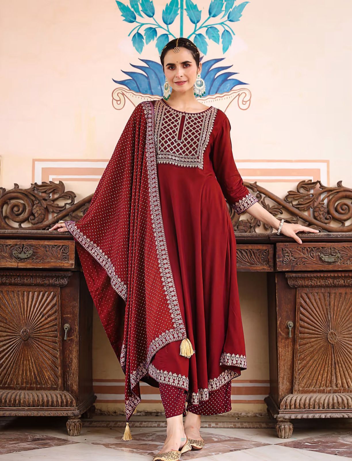 Heavy Rayon Kurti - 14kg Fabric, Full Length 48, 3/4 Sleeve, Universal Fit, Purple Color, Embroidered & Foil Work, Elegant Ethnic Wear For All Seasons