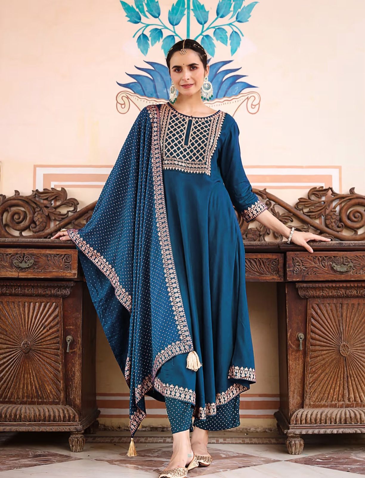 Heavy Rayon Kurti - 14kg Fabric, Full Length 48, 3/4 Sleeve, Universal Fit, Purple Color, Embroidered & Foil Work, Elegant Ethnic Wear For All Seasons