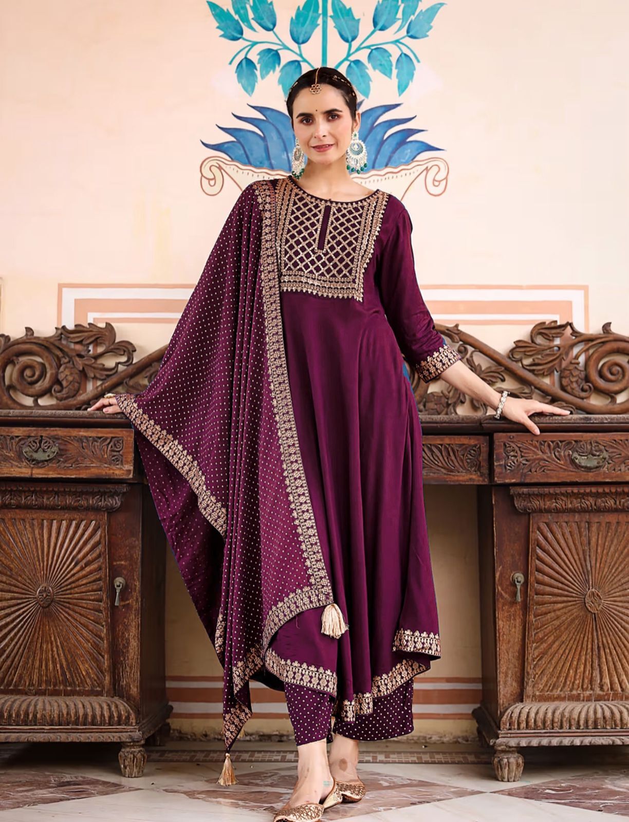 Heavy Rayon Kurti - 14kg Fabric, Full Length 48, 3/4 Sleeve, Universal Fit, Purple Color, Embroidered & Foil Work, Elegant Ethnic Wear For All Seasons