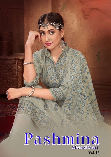 Sat Pashmina Dress Material - Top Pure Pashmina Neck Design | Heavy Spun Dyed Bottom, Elegant Printed Dupatta Shawl, Generous 2.40 Mtrs