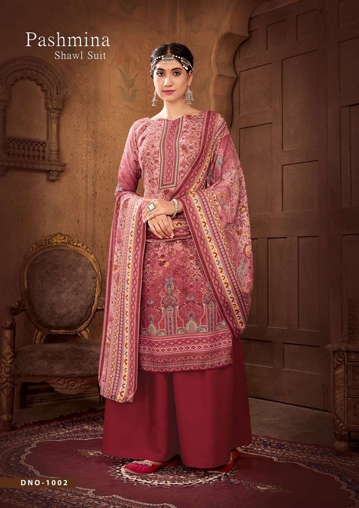 Sat Pashmina Dress Material - Top Pure Pashmina Neck Design | Heavy Spun Dyed Bottom, Elegant Printed Dupatta Shawl, Generous 2.40 Mtrs