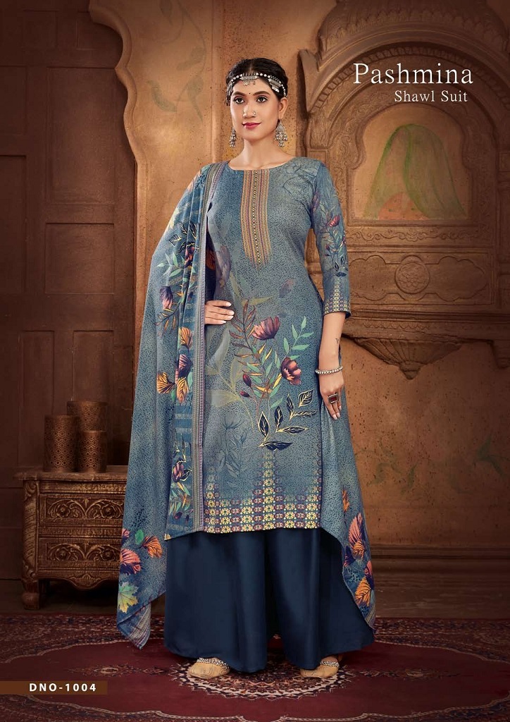 Sat Pashmina Dress Material - Top Pure Pashmina Neck Design | Heavy Spun Dyed Bottom, Elegant Printed Dupatta Shawl, Generous 2.40 Mtrs