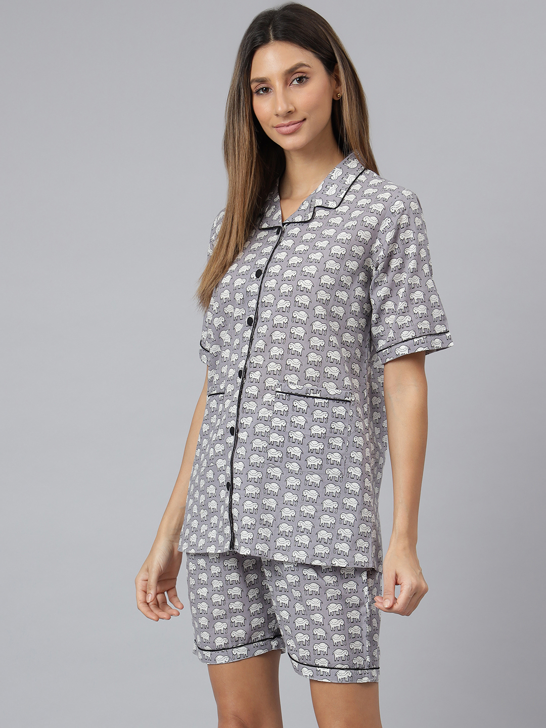 Girls Night Suit - Cotton Fabric , Full Sleeves, Grey Color | Waterproof, Quick Dry, Trendy Printed Design