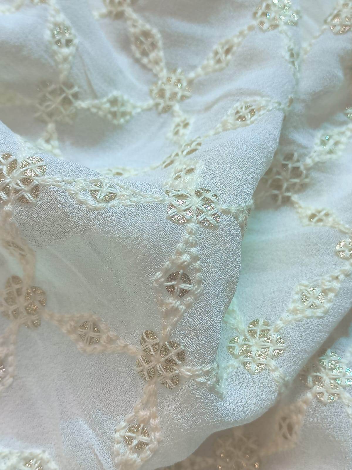 Schiffli Embroidery Fabric With Thread Work And Glitter Online - Attributes: Washable