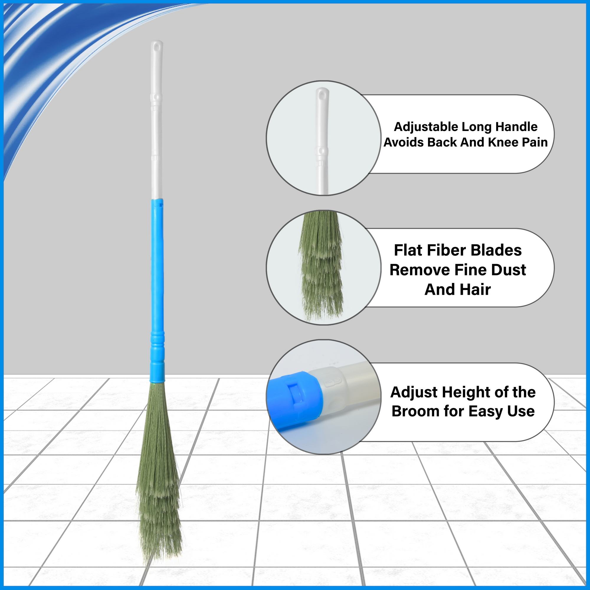 No Dust Broom Extendable Fastclean - Plastic Fiber, Extendable, Blue | Dustless, Washable, Lasts 3 Times Longer Than Grass Brooms