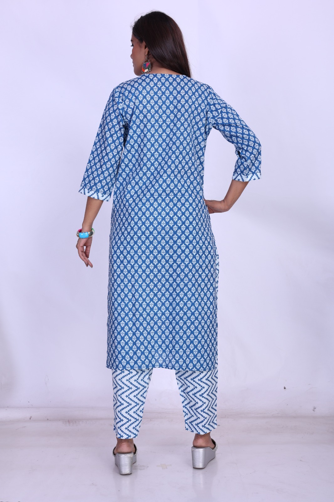 Cotton Straight Cut Kurti - 45 Inch Length, Zig Zag Printed Pant Set | Lace Decoration, 3-4th Sleeve Style, Ethnic Casual Wear For Ladies