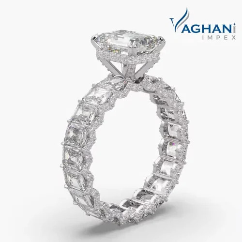 Female Diamond Ring - 14kt Gold, Customized Size, Lab-grown Natural Diamond, Emerald Stone Shape, Polished Finish | Elegant Design For Weddings And Parties