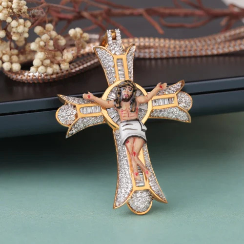 Gold Cross Pendant - 10k Gold, 58x37.5 Mm, Golden/rose/white | Customizable, Elegant Design, Lab-grown Diamonds, Religious Symbol