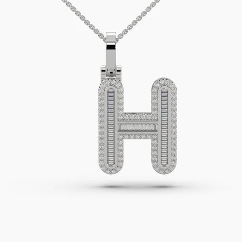 H Alphabet Gold Diamond Pendant - 10 Kt Gold, 26.5 Mm Length, Customized Color Options | Lab-grown Baguette And Round Diamonds, Vvs Purity