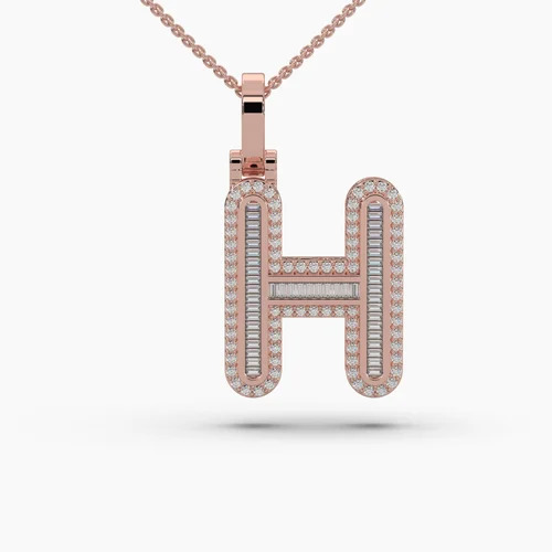 H Alphabet Gold Diamond Pendant - 10 Kt Gold, 26.5 Mm Length, Customized Color Options | Lab-grown Baguette And Round Diamonds, Vvs Purity