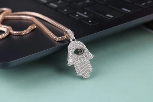 Hamza Diamonds Pendant - 10k Gold, 3 Inch Hamsa Shape, Customized Colors, Lab-grown Diamonds, Elegant Design | Fashion Accessory With Religious Symbolism