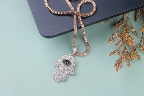 Hamza Diamonds Pendant - 10k Gold, 3 Inch Hamsa Shape, Customized Colors, Lab-grown Diamonds, Elegant Design | Fashion Accessory With Religious Symbolism